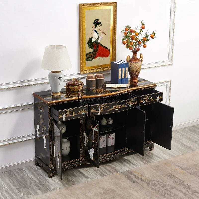 Bright Lacquered Solid Wood Entryway Cabinet – Classical Inlaid Shell Credenza