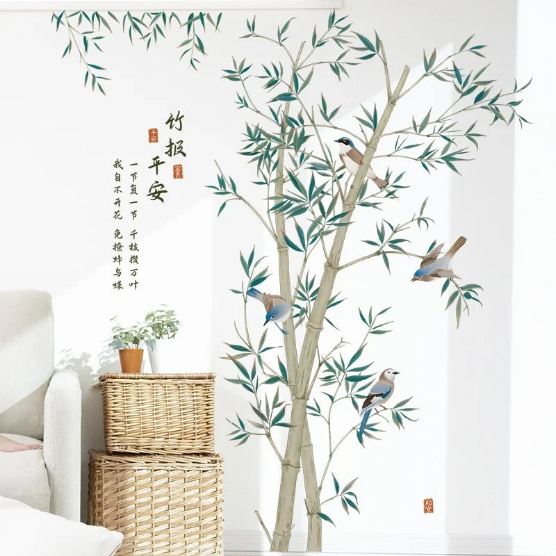 Chinese Ink-Style Bamboo & Songbirds Wall Decal – "Bamboo Bless Peace" Calligraphy Mural