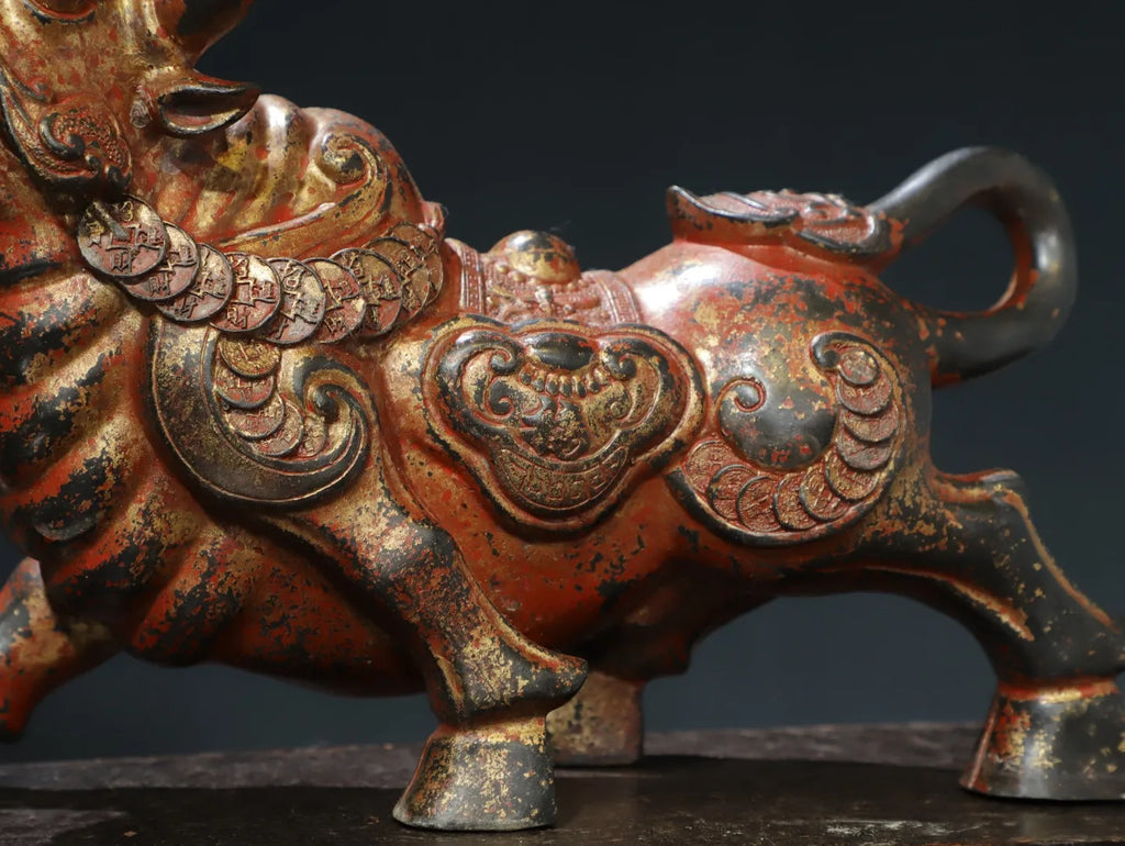 Tibetan Temple Bronze Zodiac Bull – Cinnabar & Mud-Gold Wealth Cattle (14")