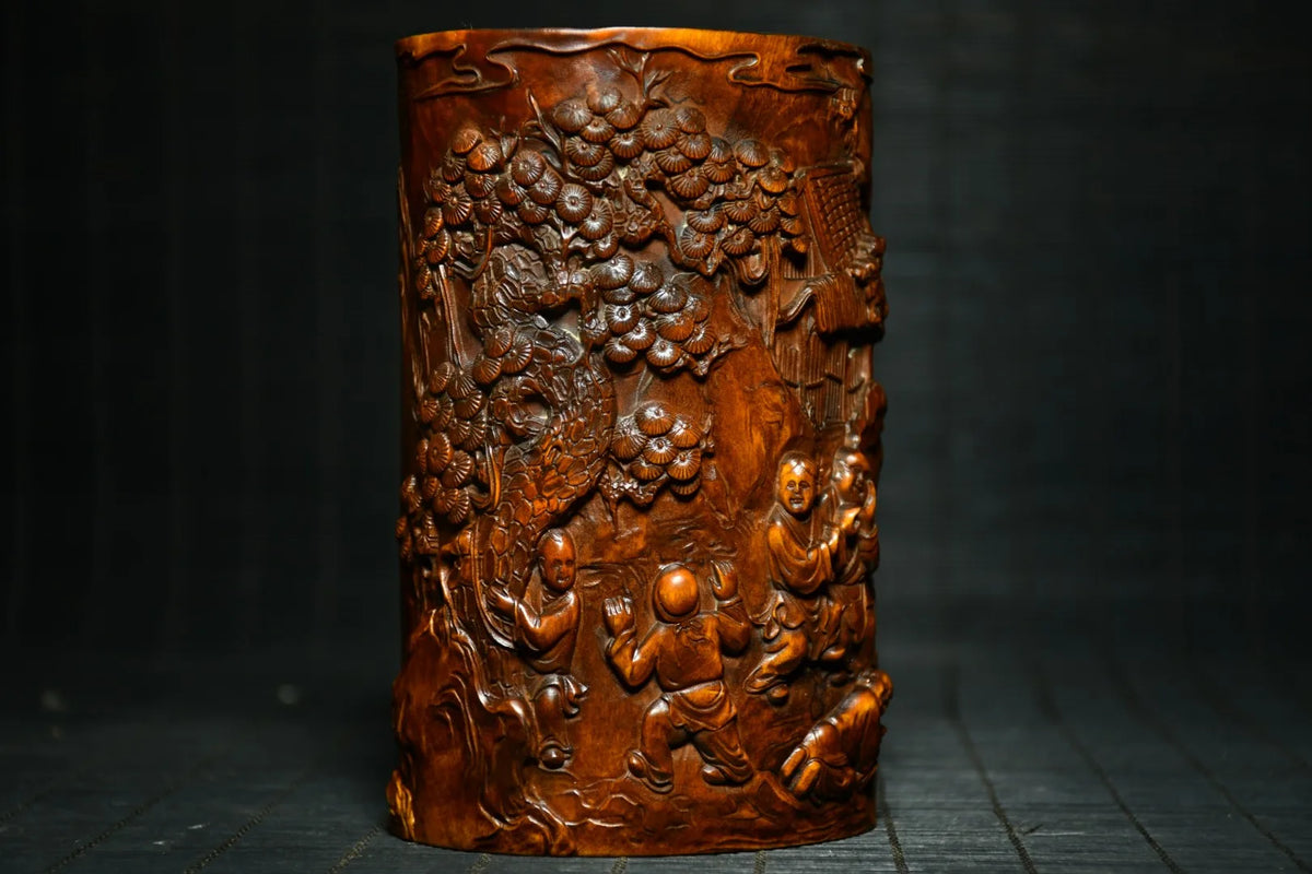Tibetan Temple Boxwood Pen Holder – Golden Boy & Jade Girl Playing (Study Treasure)