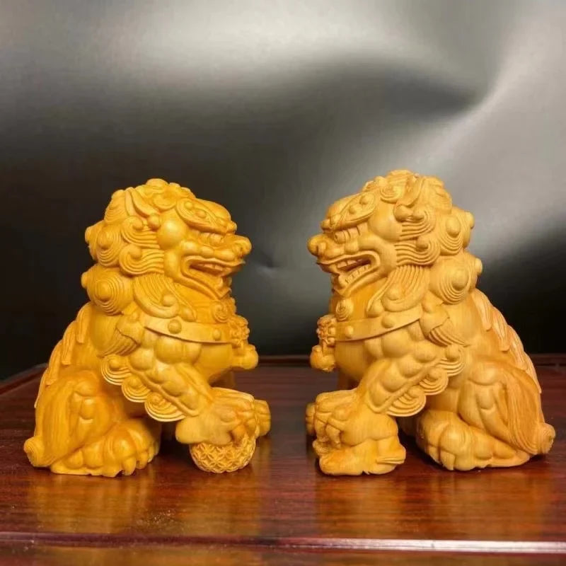 Solid Wood Carving Decorative Ornaments Of Forbidden City Lion ，Handmade，Home Lucky Mascot， Chinese Characteristic Animal Statue