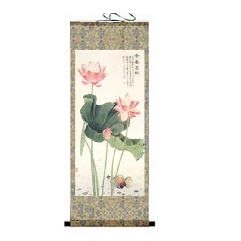 Chinese Style Lotus Scroll Paintings Wall Art Posters Vintage Room Decor Aesthetic Wall Hanging Living Room Office Picture Mural
