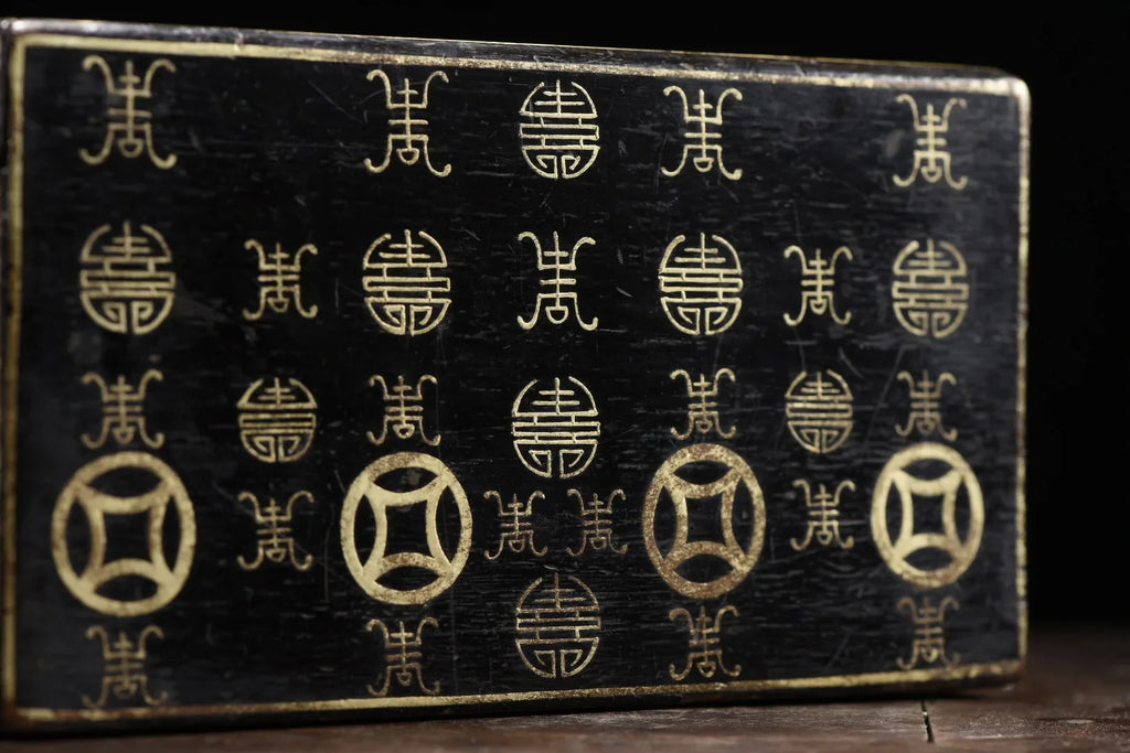 Old Wood Lacquerware Outline in gold Eight Treasures of Tuanshou Pattern Portable Buddhist niche Drawer box Ornaments
