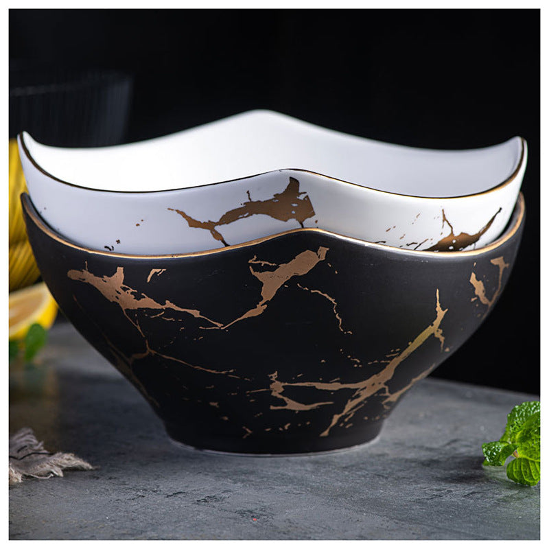 Marbled Ceramic Serving Bowl with Natural Wood Stand