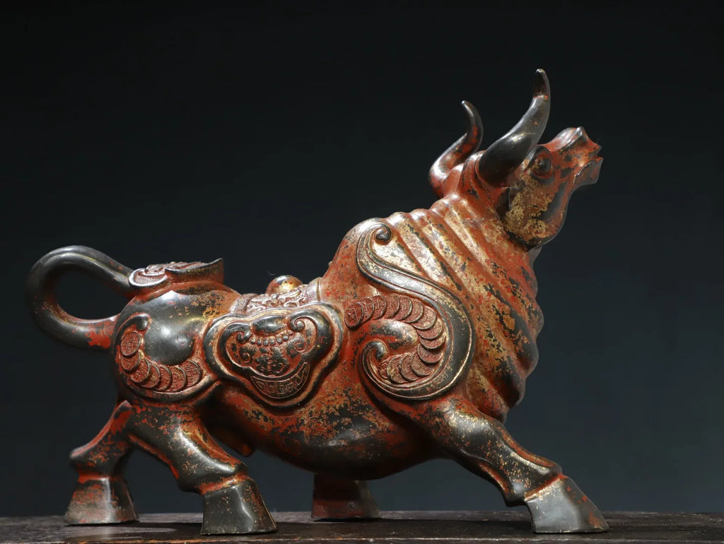 Tibetan Temple Bronze Zodiac Bull – Cinnabar & Mud-Gold Wealth Cattle (14")