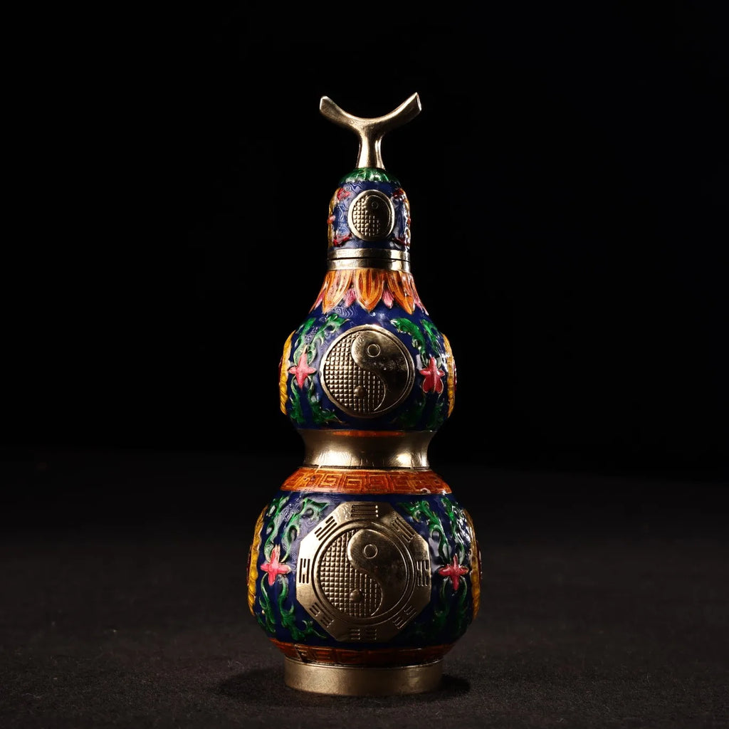 Tibetan Temple Taiji Gourd – Bronze Cloisonné Eight Trigrams Wealth & Protection Amulet (6")