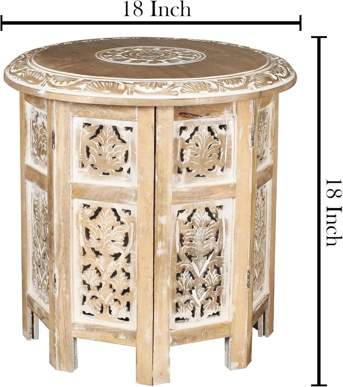 Wooden Coffee Table, Round End Table, Hand-Carved Side Table – 18" Octagonal, White Wash