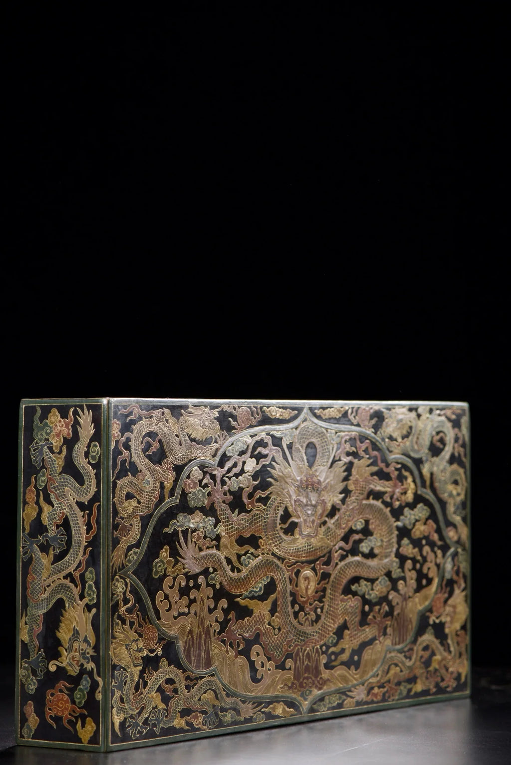 Vintage Chinese Wooden Lacquerware Altar Tea Table Outlined in Gold Dragon Design