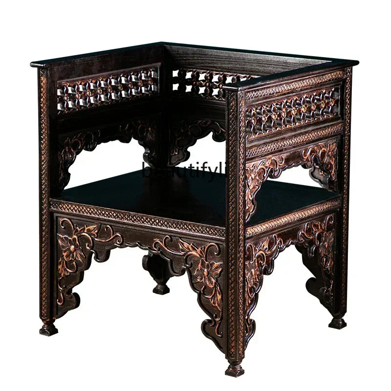 Classical Hand-Carved Chinese Elm Armchair – Solid Wood Vintage Salon Chair