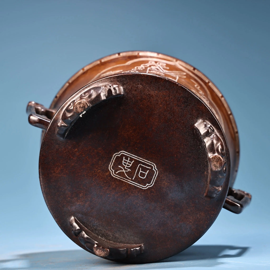 Tibetan Temple Purple-Bronze Incense Burner – Semi‑Antique Ruyi Ear Censer with Silver Inlay (6")