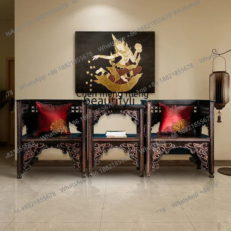 Classical Hand-Carved Chinese Elm Armchair – Solid Wood Vintage Salon Chair