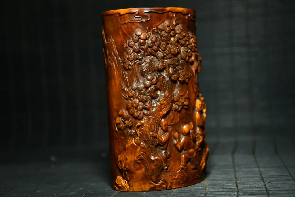 Tibetan Temple Boxwood Pen Holder – Golden Boy & Jade Girl Playing (Study Treasure)
