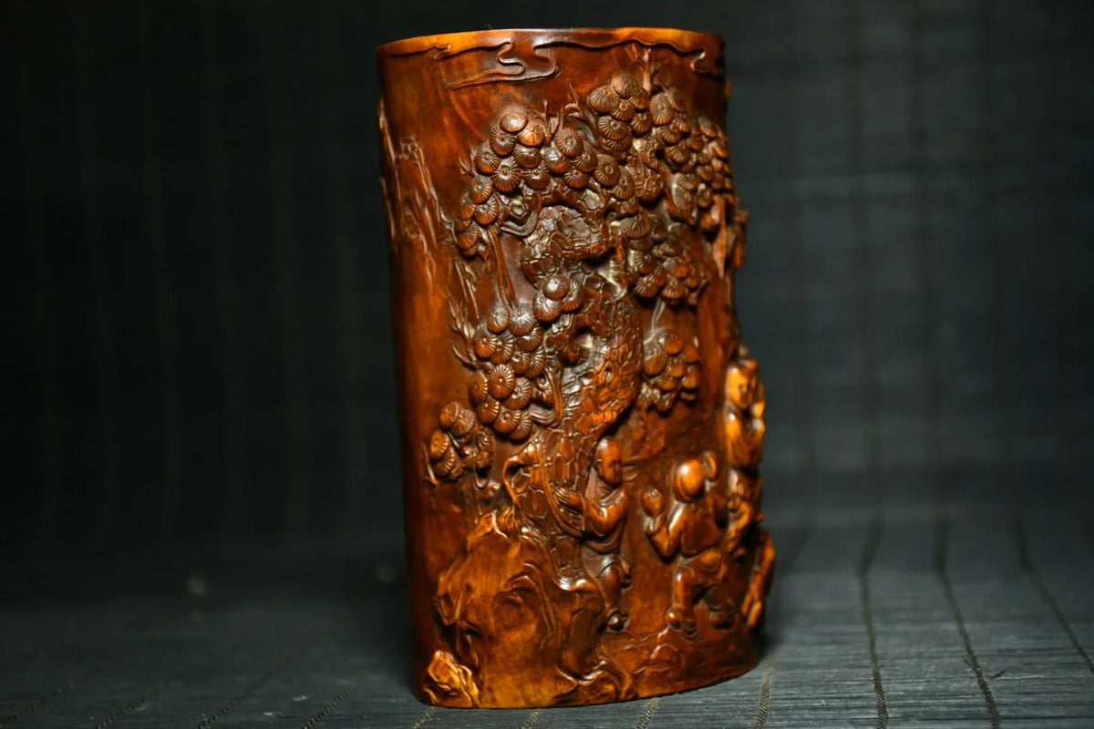 Tibetan Temple Boxwood Pen Holder – Golden Boy & Jade Girl Playing (Study Treasure)