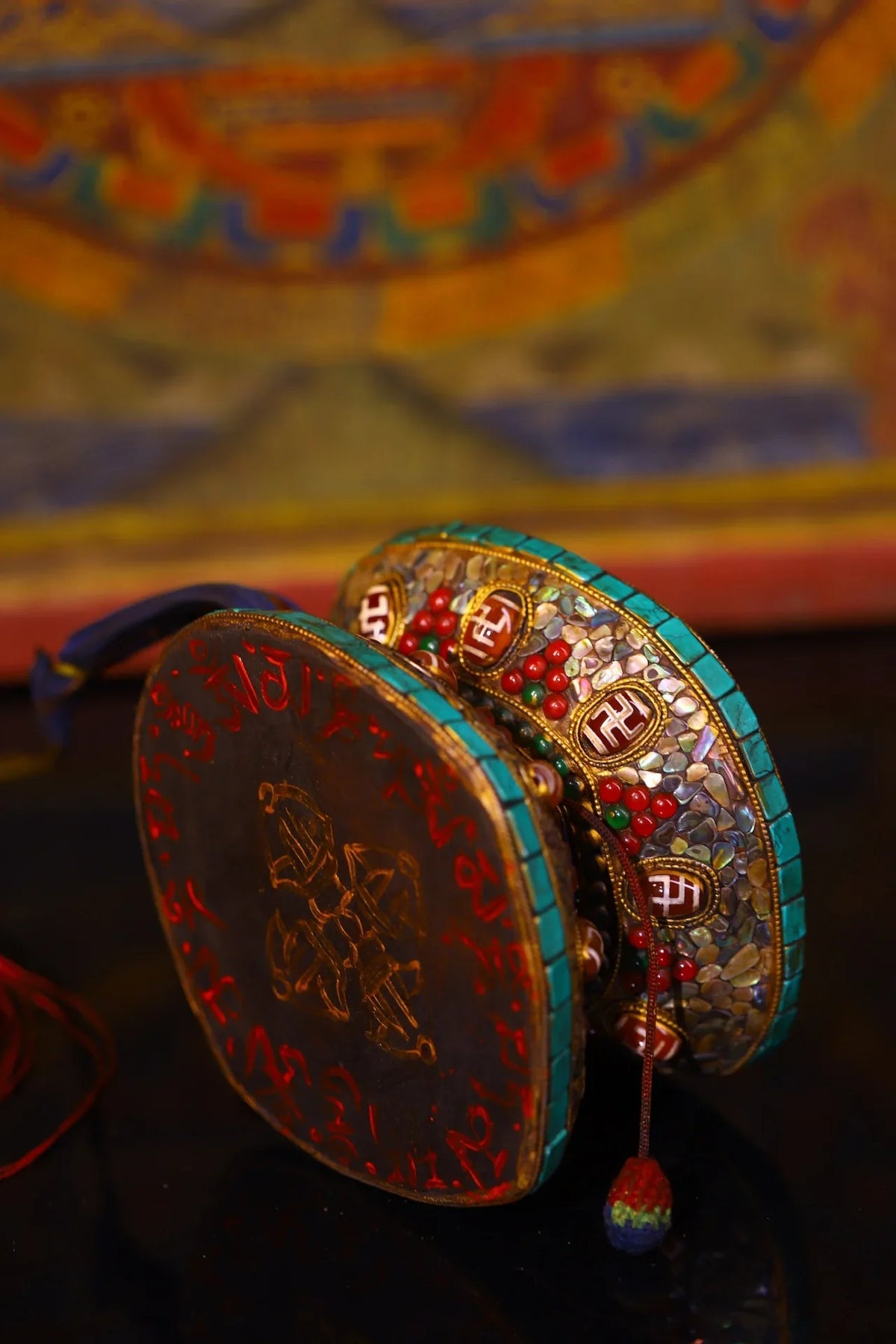 Vintage Tibetan Temple Turquoise Mosaic Damaru – Gzi Bead & Shell Buddhist Drum