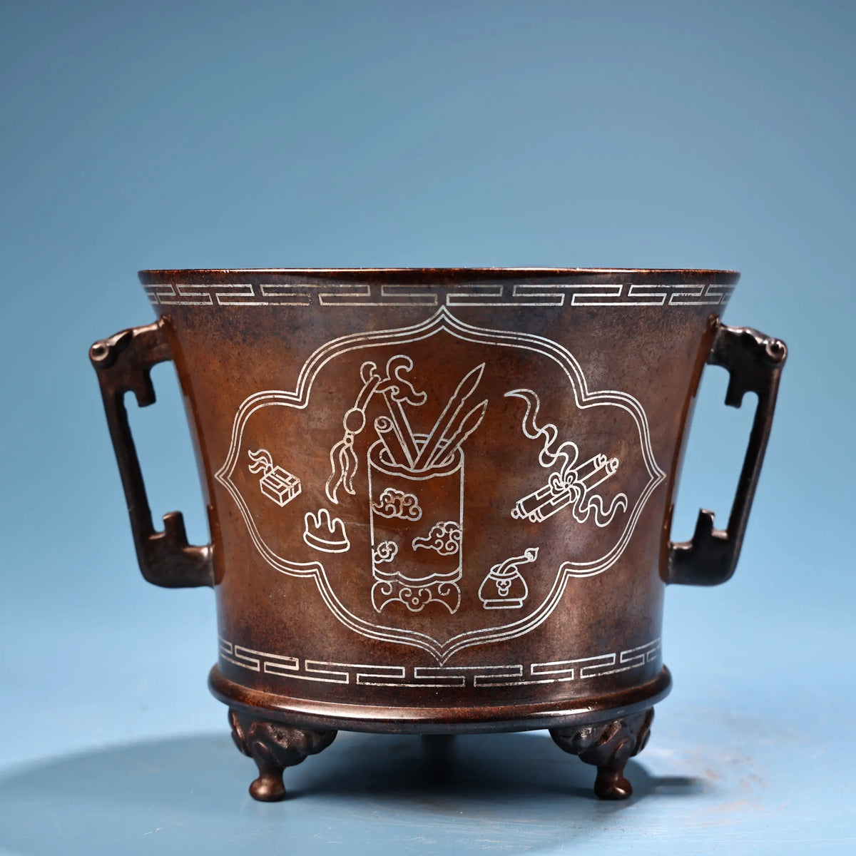 Tibetan Temple Purple-Bronze Incense Burner – Semi‑Antique Ruyi Ear Censer with Silver Inlay (6")
