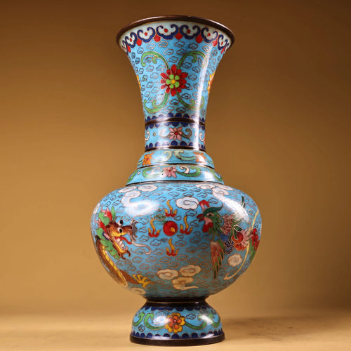 12" Bronze Cloisonné Dragon & Phoenix Vase – Asian Home Decor Wealth Ornament