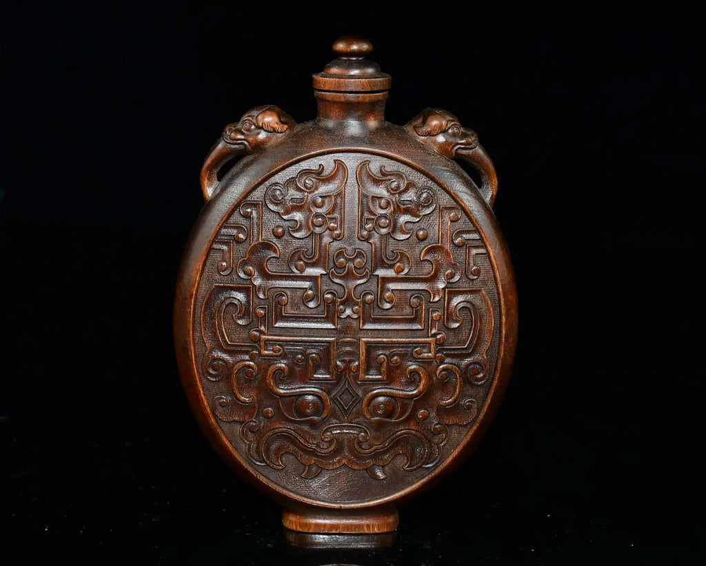 Tibetan Boxwood Flower Carved Snuff Bottle Dragon-Ear Vase