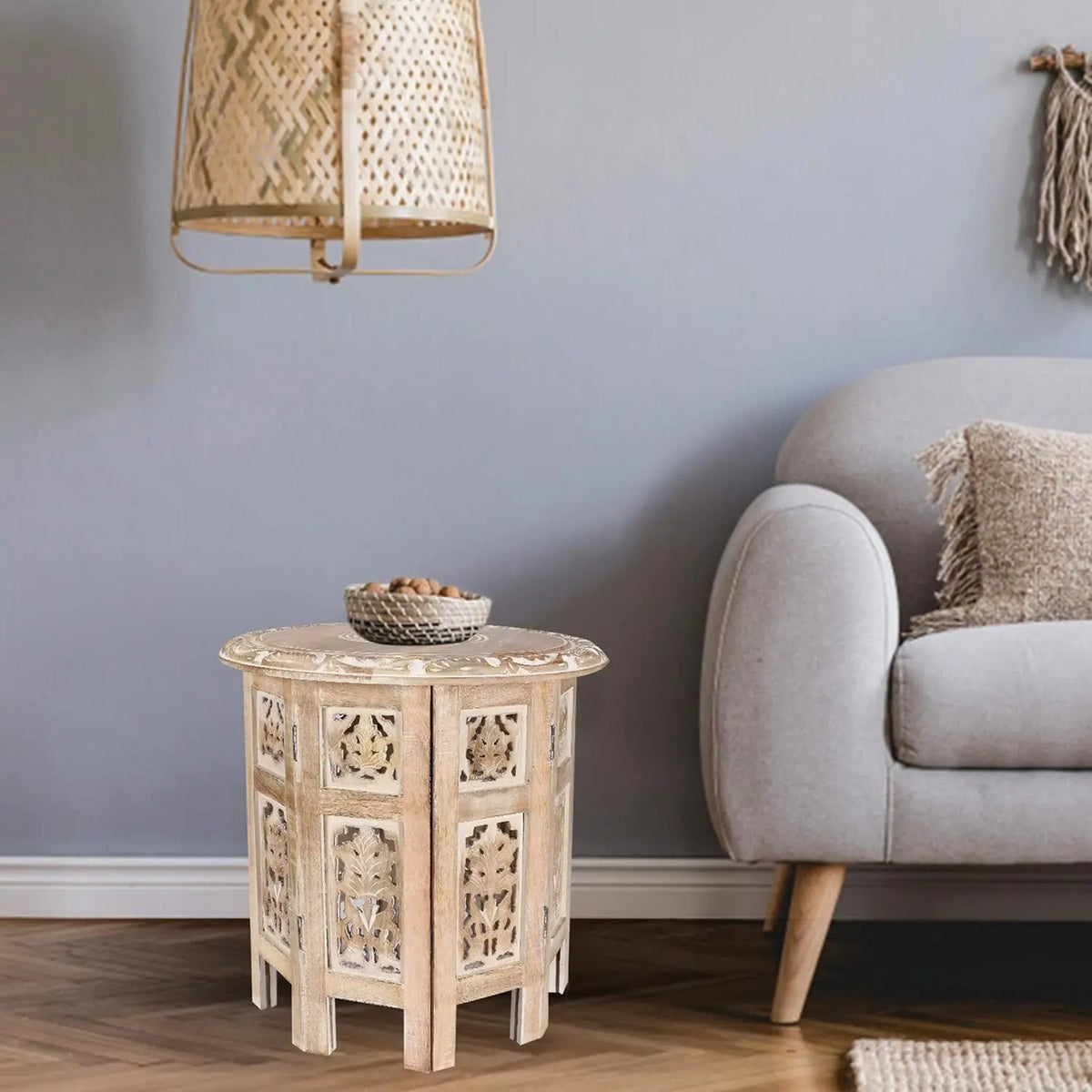 Wooden Coffee Table, Round End Table, Hand-Carved Side Table – 18" Octagonal, White Wash