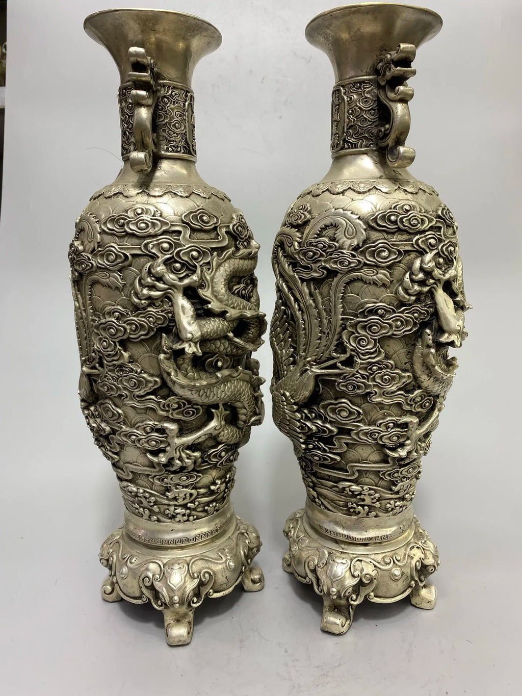 Tibetan Temple Vintage Bronze Pixiu Ear Vase – Gilded Silver Dragon & Phoenix (15")