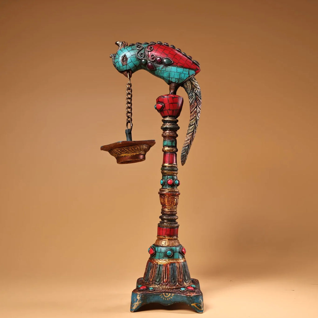 13" Tibetan Temple Bronze Outline in Gold Mosaic Gem Turquoise Buddha Bird Statue Hanging Oil Lamp Lotus Candlestick