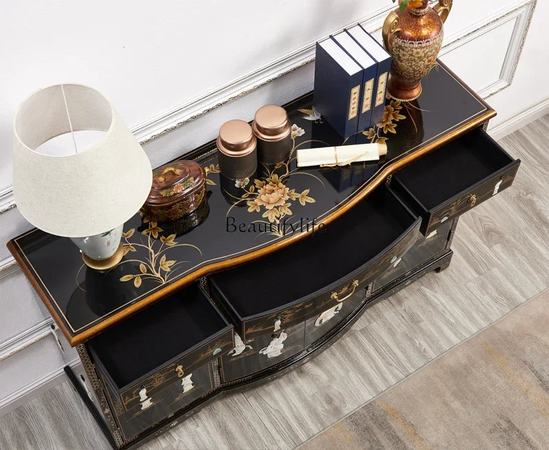 Bright Lacquered Solid Wood Entryway Cabinet – Classical Inlaid Shell Credenza