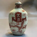 Early Collectible Snuff Bottle, Red Copper Body Enamel Double Dragon Design, Exquisite Craftsmanship,Cultural Hand Play Ornament