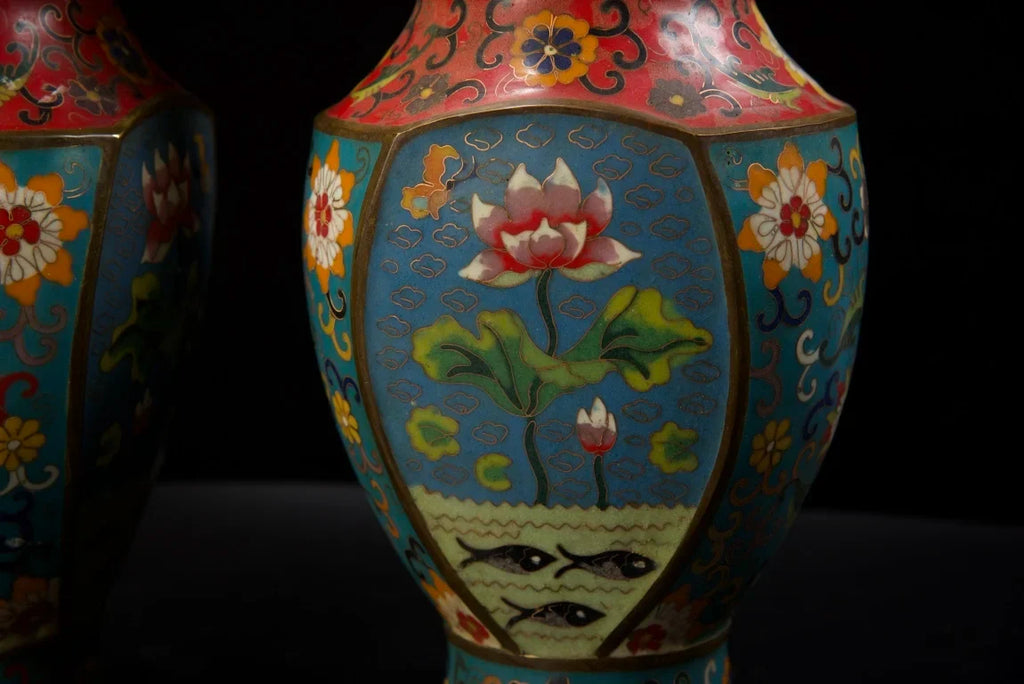 Tibetan Temple Cloisonné Lotus Vases – Old Bronze Dragon-Ear Pair (15")