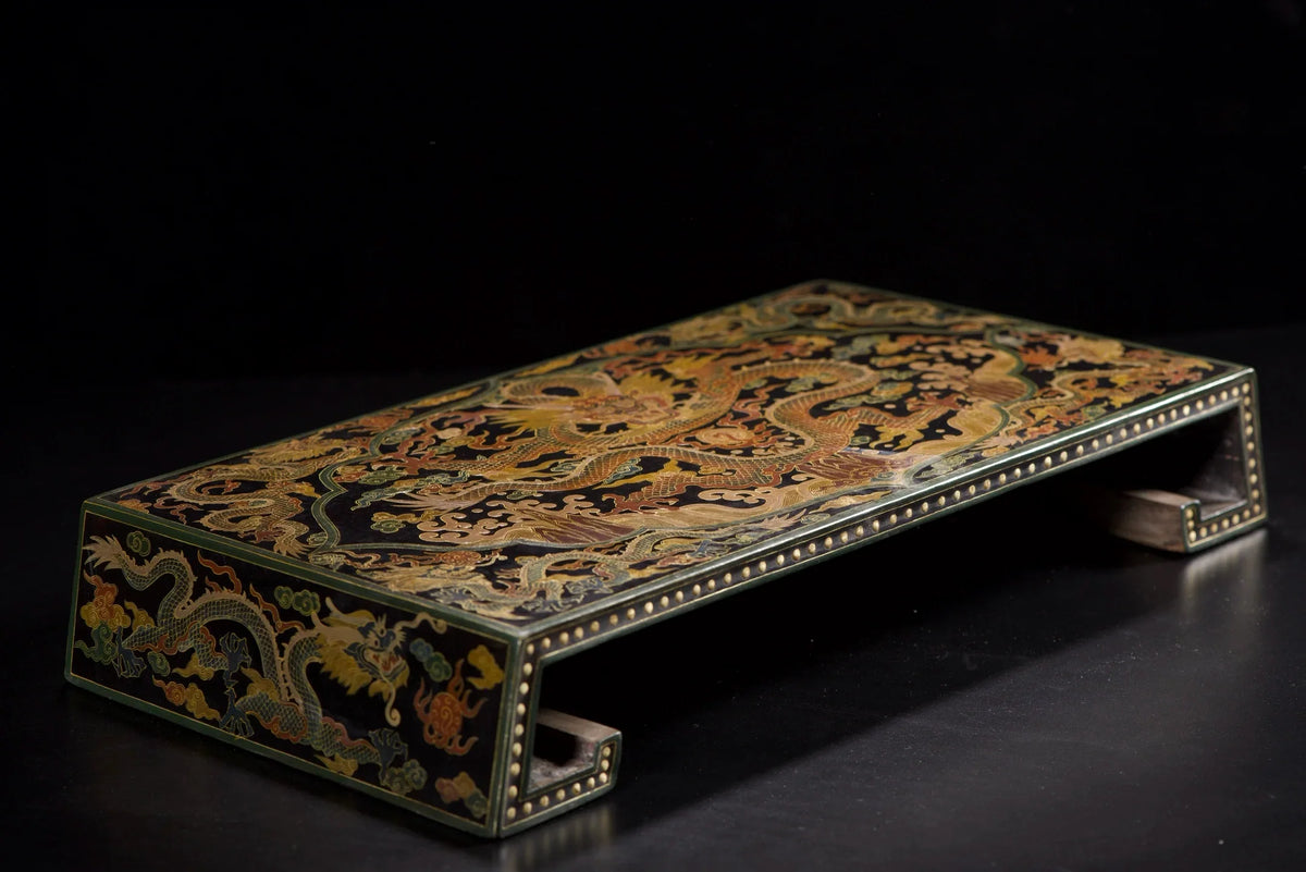 Vintage Chinese Wooden Lacquerware Altar Tea Table Outlined in Gold Dragon Design