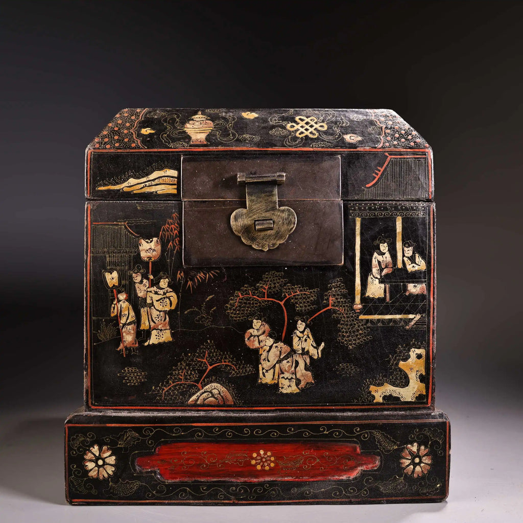 Tibetan Temple Vintage Lacquerware Seal Box – Gold-Outlined Maid & Landscape (28cm)