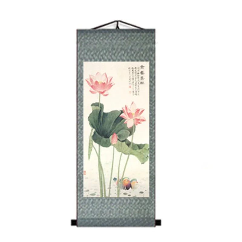 Chinese Style Lotus Scroll Paintings Wall Art Posters Vintage Room Decor Aesthetic Wall Hanging Living Room Office Picture Mural