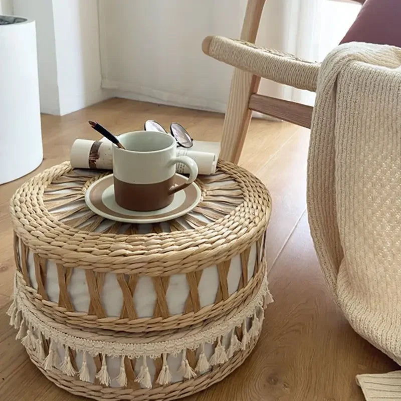Hand-Woven Round Mobile Footstool – Low Ottoman Pouf & Accent Stool