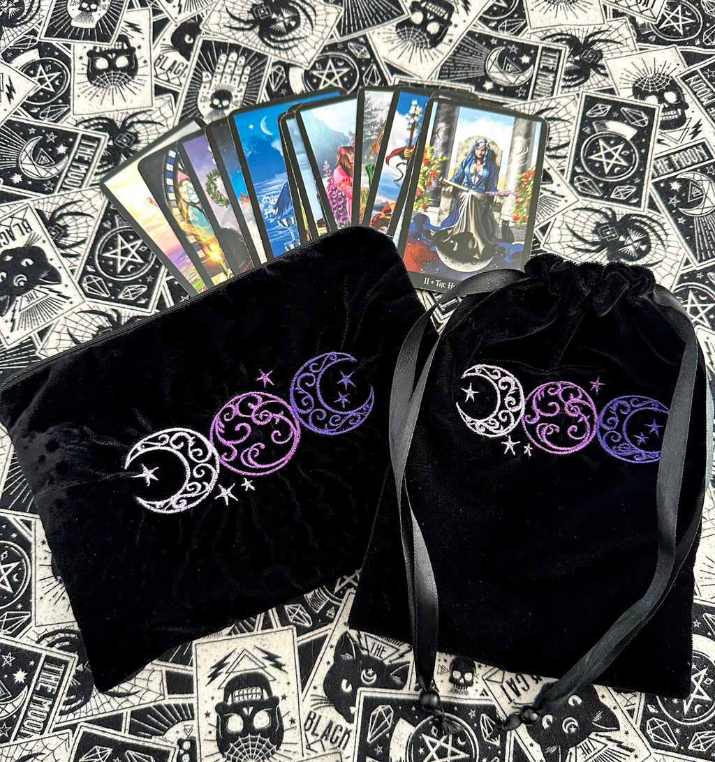Triple Moon Velvet Tarot Bag with Zipper – Witchy Gift for Tarot & Oracle Lovers