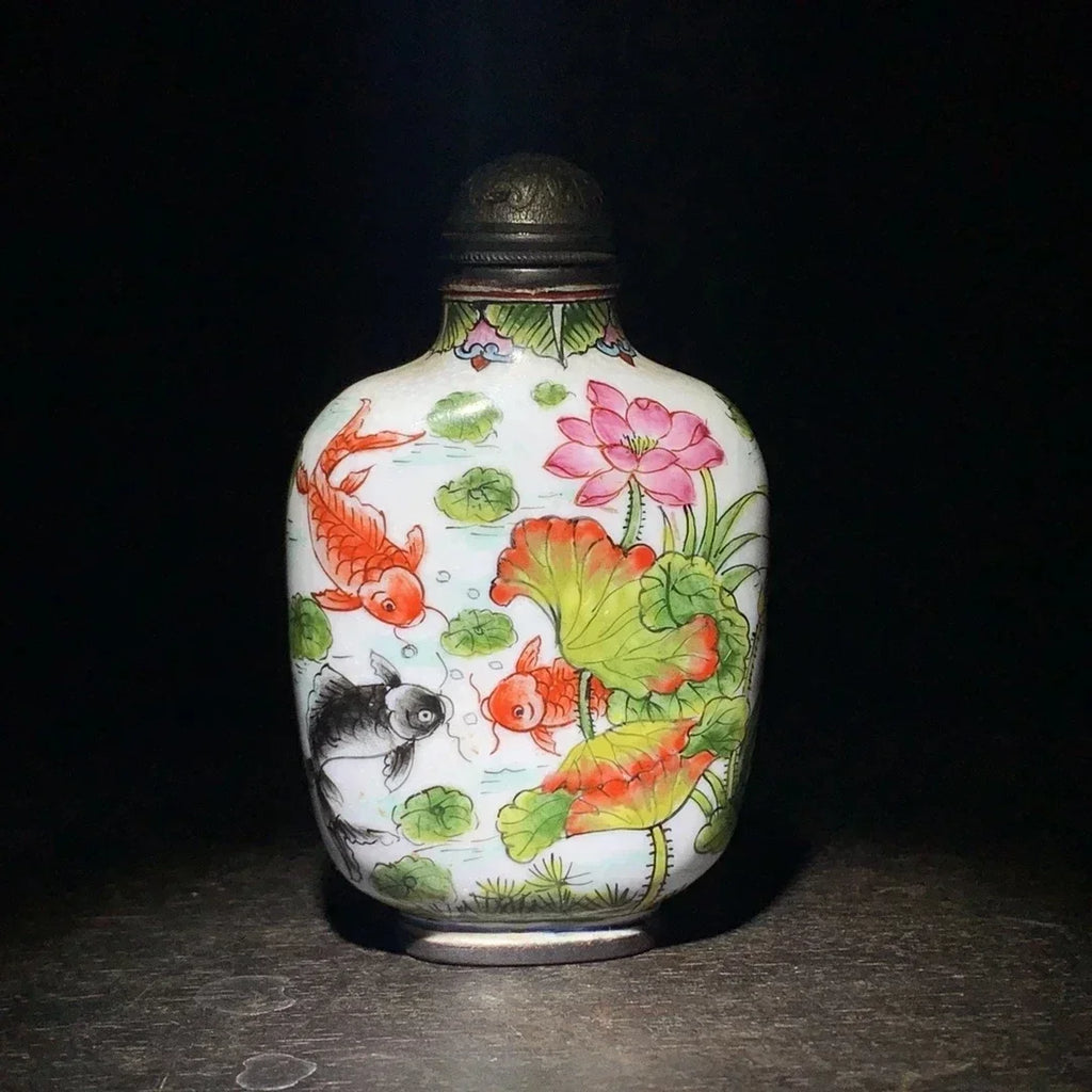 Enamel Chinese Porcelain Snuff Bottle with Cloisonne - Fish Design