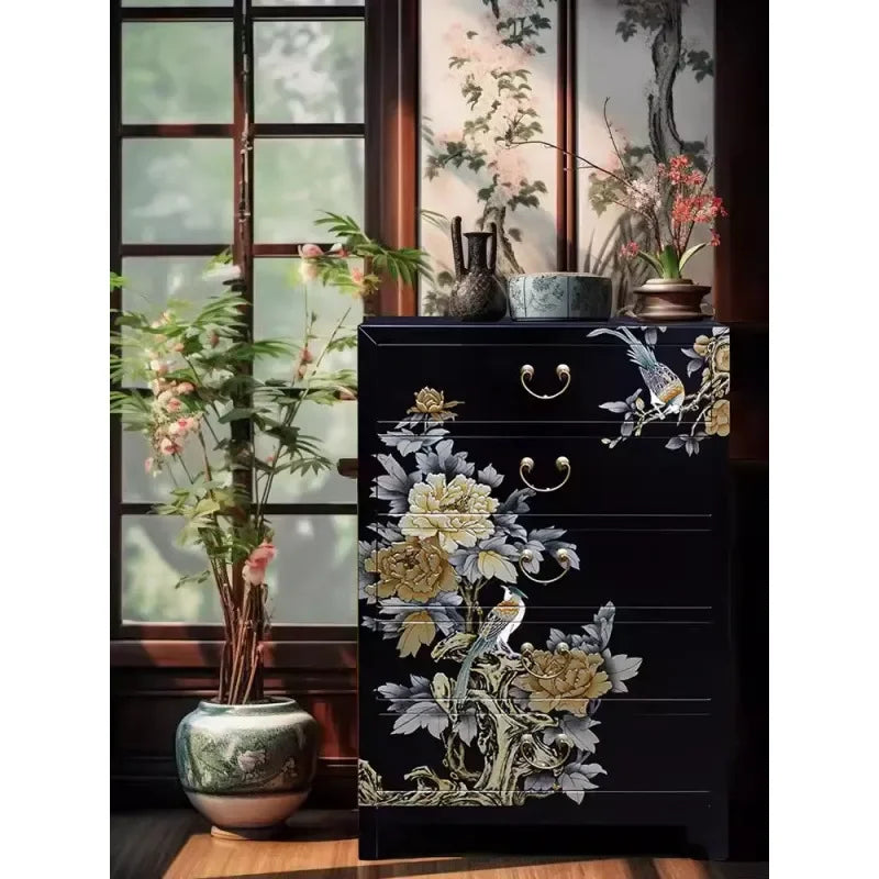 Yangzhou Hand-Painted Lacquer Floral & Bird Sideboard Cabinet