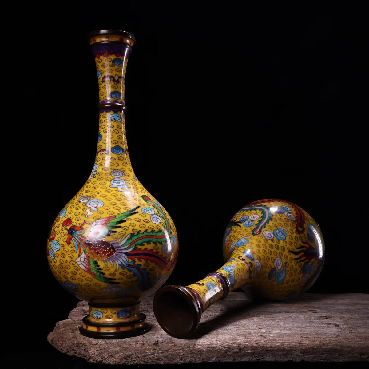 Tibetan Temple Vintage Cloisonné Dragon & Phoenix Vases – Bronze Bottle Pair (House Guardians)