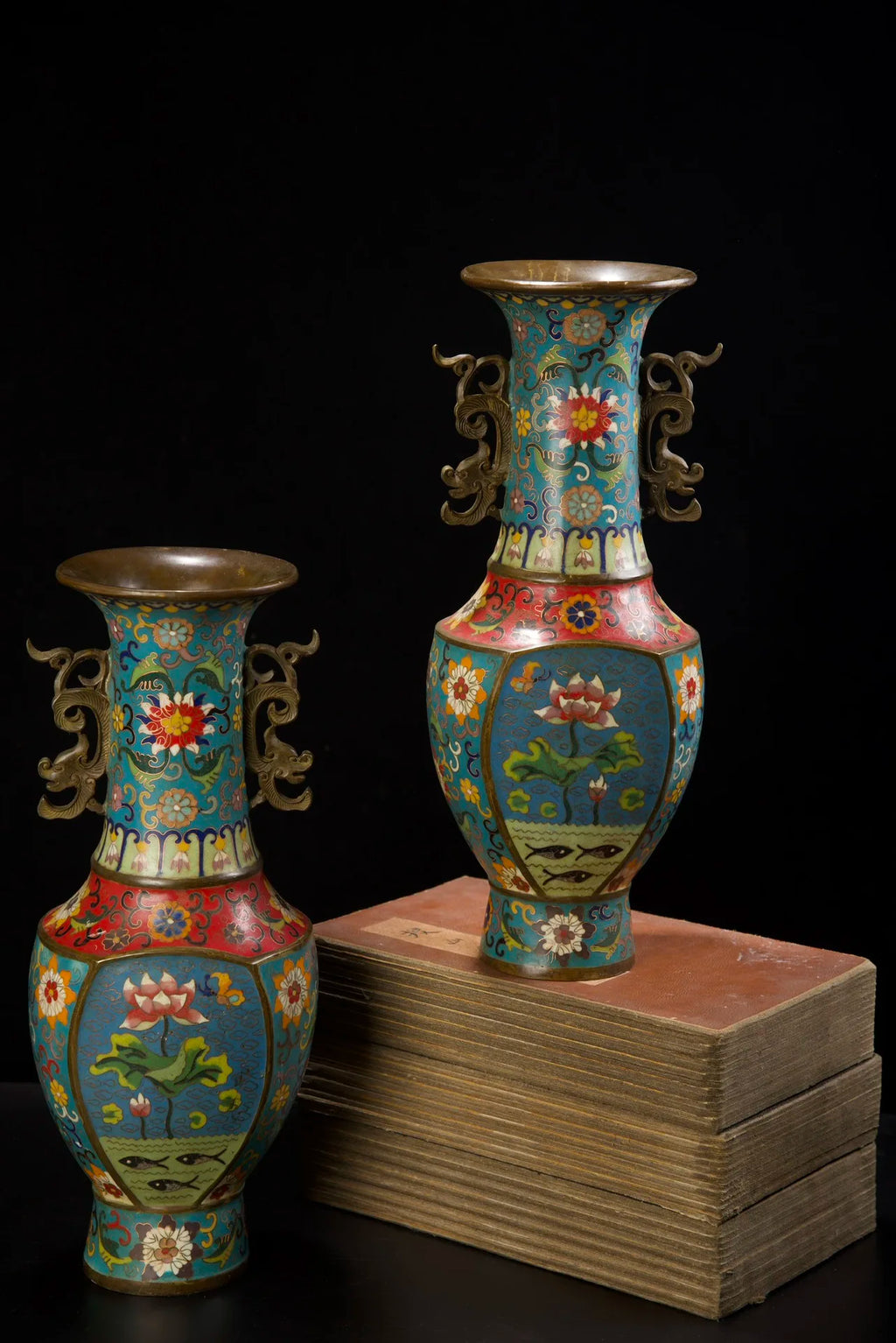 Tibetan Temple Cloisonné Lotus Vases – Old Bronze Dragon-Ear Pair (15")