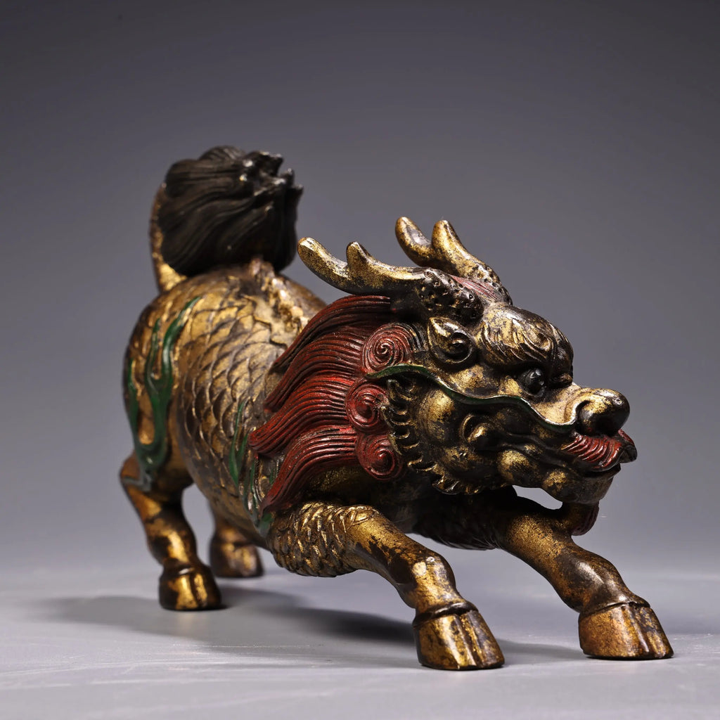 Tibetan Bronze Painted Kirin Wealth Guardian Statue
