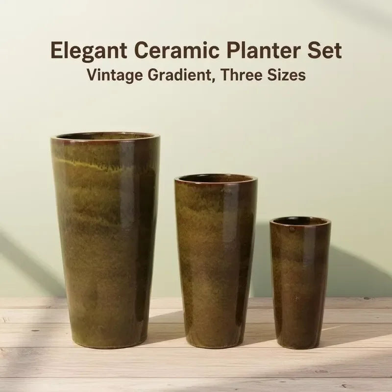 Large Tall Glazed Ceramic Floor Planter Trio Set – Gold-Bronze Fusion