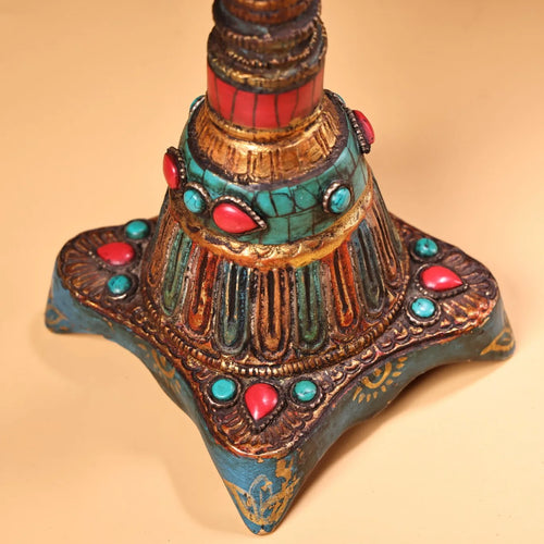 13" Tibetan Temple Bronze Outline in Gold Mosaic Gem Turquoise Buddha Bird Statue Hanging Oil Lamp Lotus Candlestick