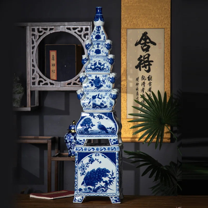 Tall Chinese Pagoda Floor Vase – Ceramic Statement Vessel for Entry & Living Room