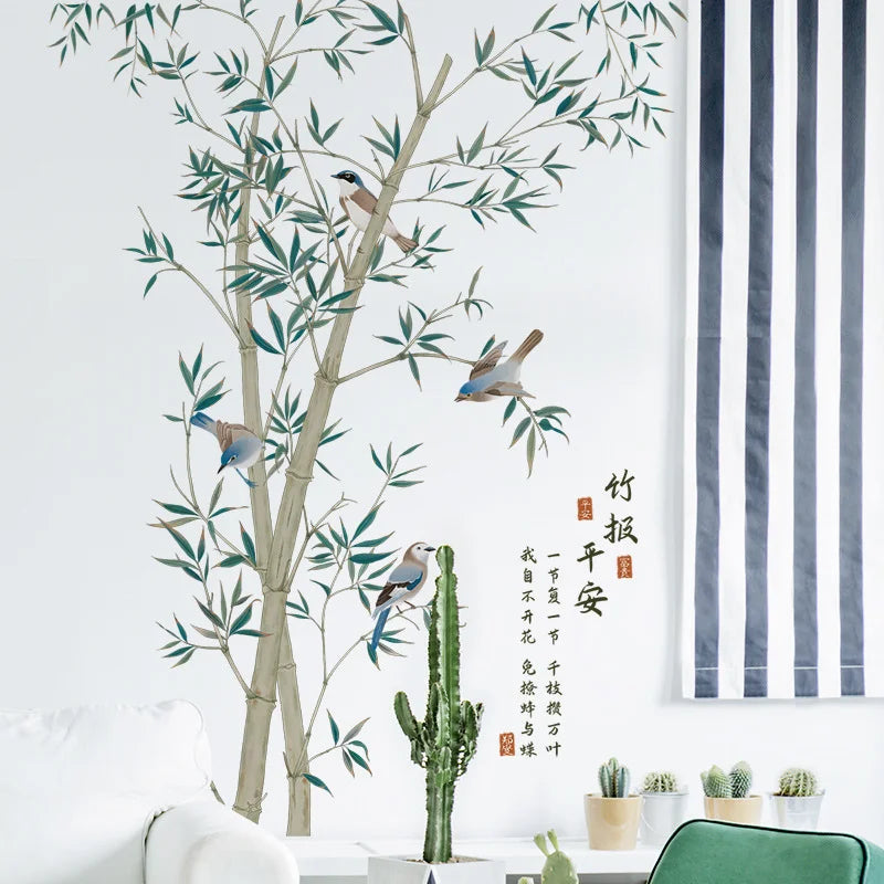 Chinese Ink-Style Bamboo & Songbirds Wall Decal – "Bamboo Bless Peace" Calligraphy Mural