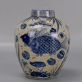 Yuan-Style Blue and White Lotus Seed Jar – Hand-Painted Fish Bath Pattern