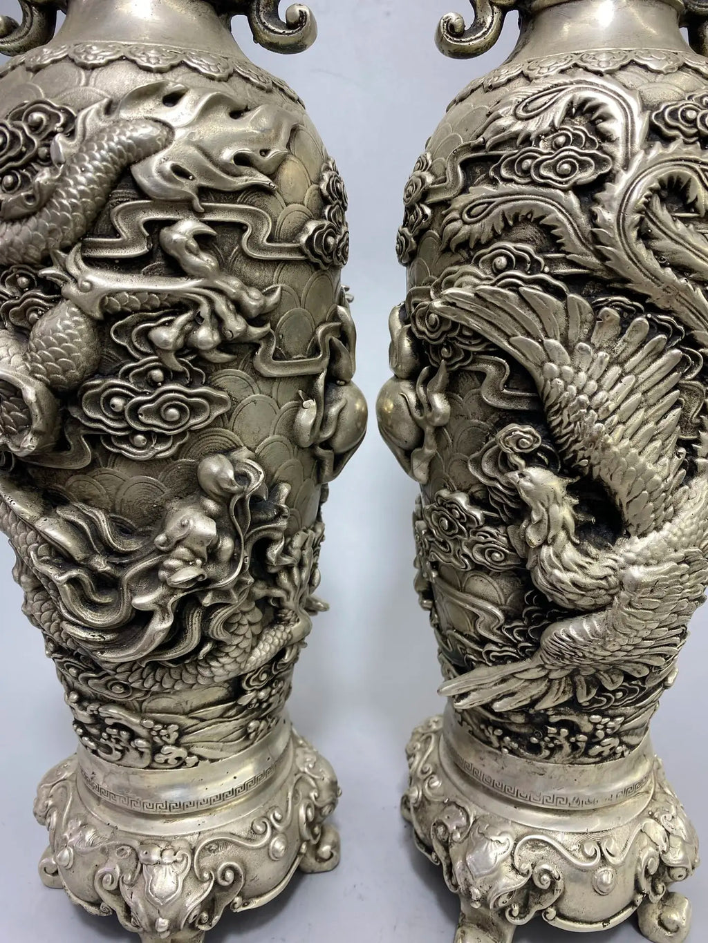 Tibetan Temple Vintage Bronze Pixiu Ear Vase – Gilded Silver Dragon & Phoenix (15")