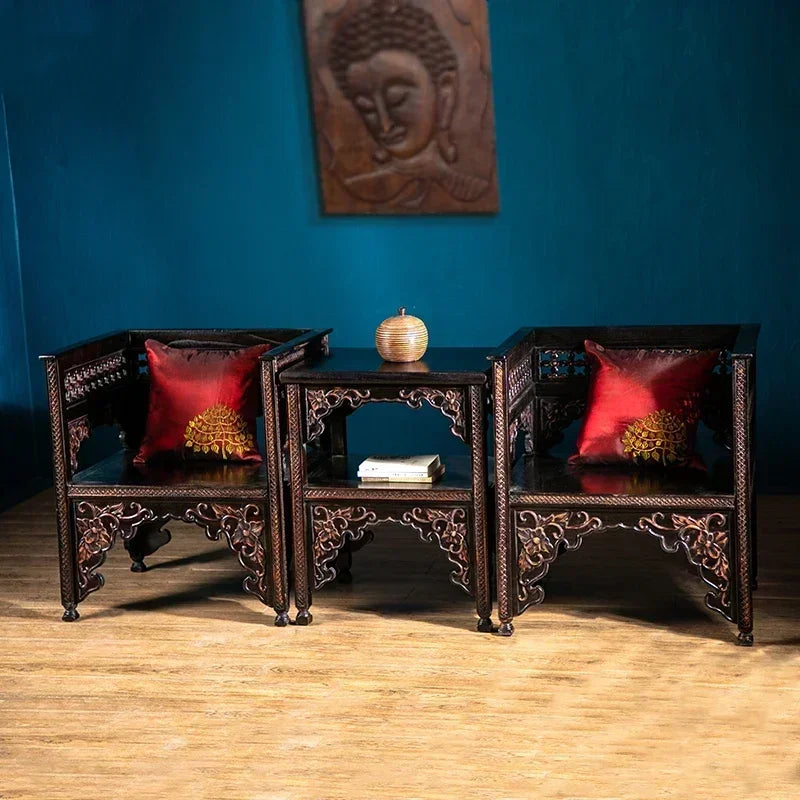 Classical Hand-Carved Chinese Elm Armchair – Solid Wood Vintage Salon Chair