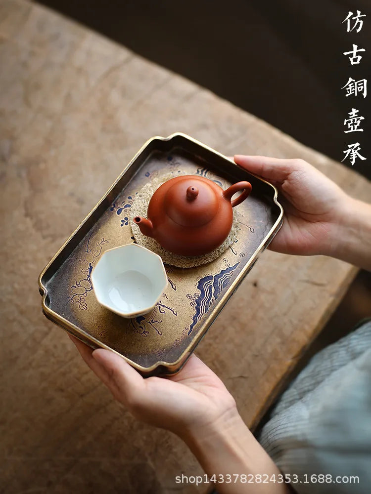 Imitation Bronze Teapot Pad – Painted “Brass” Plate Tea Tray with Seal-Cutting Motif
