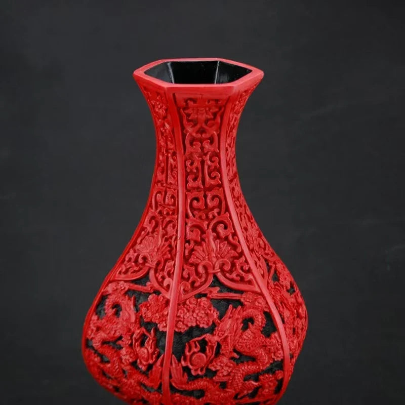 Red Lacquer Dragon Vase, 10" Chinese Auspicious Decor