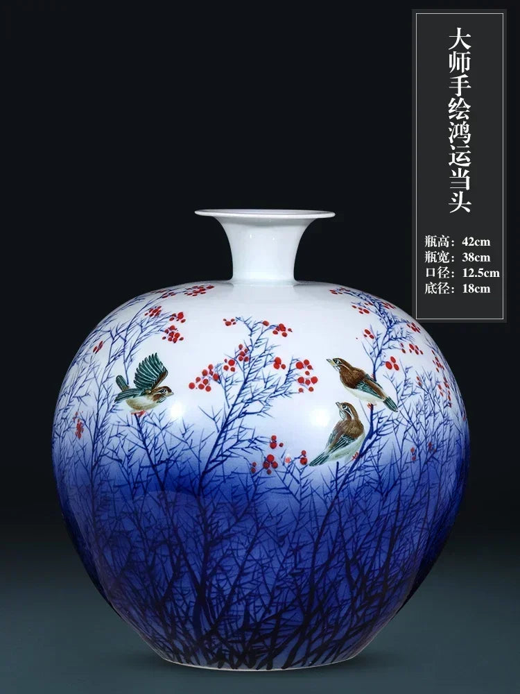 Jingdezhen ceramics hand-painted blue and white porcelain desktop vase living room Chinese home  DD