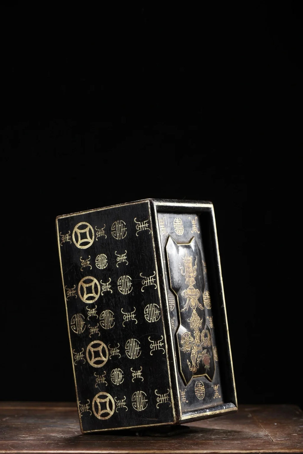 Old Wood Lacquerware Outline in gold Eight Treasures of Tuanshou Pattern Portable Buddhist niche Drawer box Ornaments