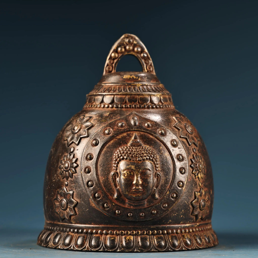 Tibetan Temple Gilded Shakyamuni Bell – Old Bronze Buddha-Head Pattern (6")