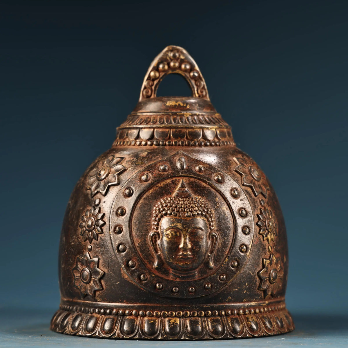 Tibetan Temple Gilded Shakyamuni Bell – Old Bronze Buddha-Head Pattern (6")